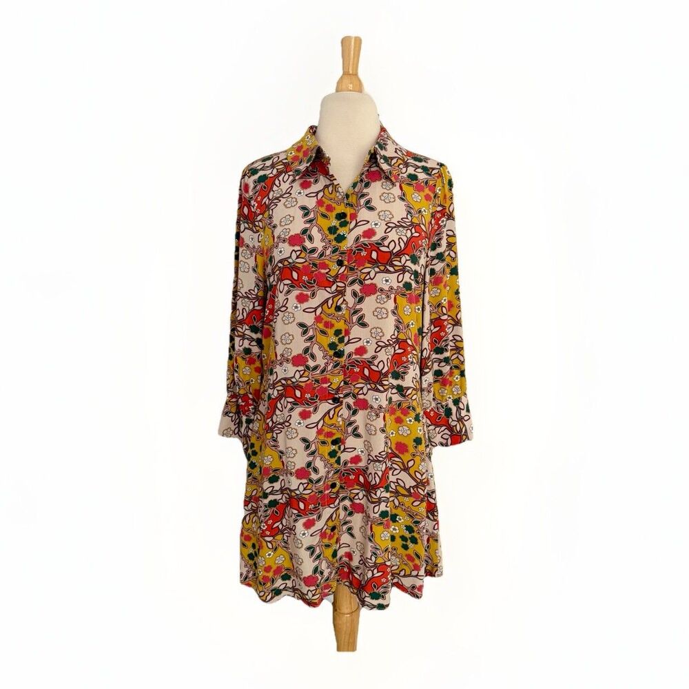 Natural Life Sz Medium Twiggy 70s Floral Shirt Dress 3/4 Sleeve Boho Hippie